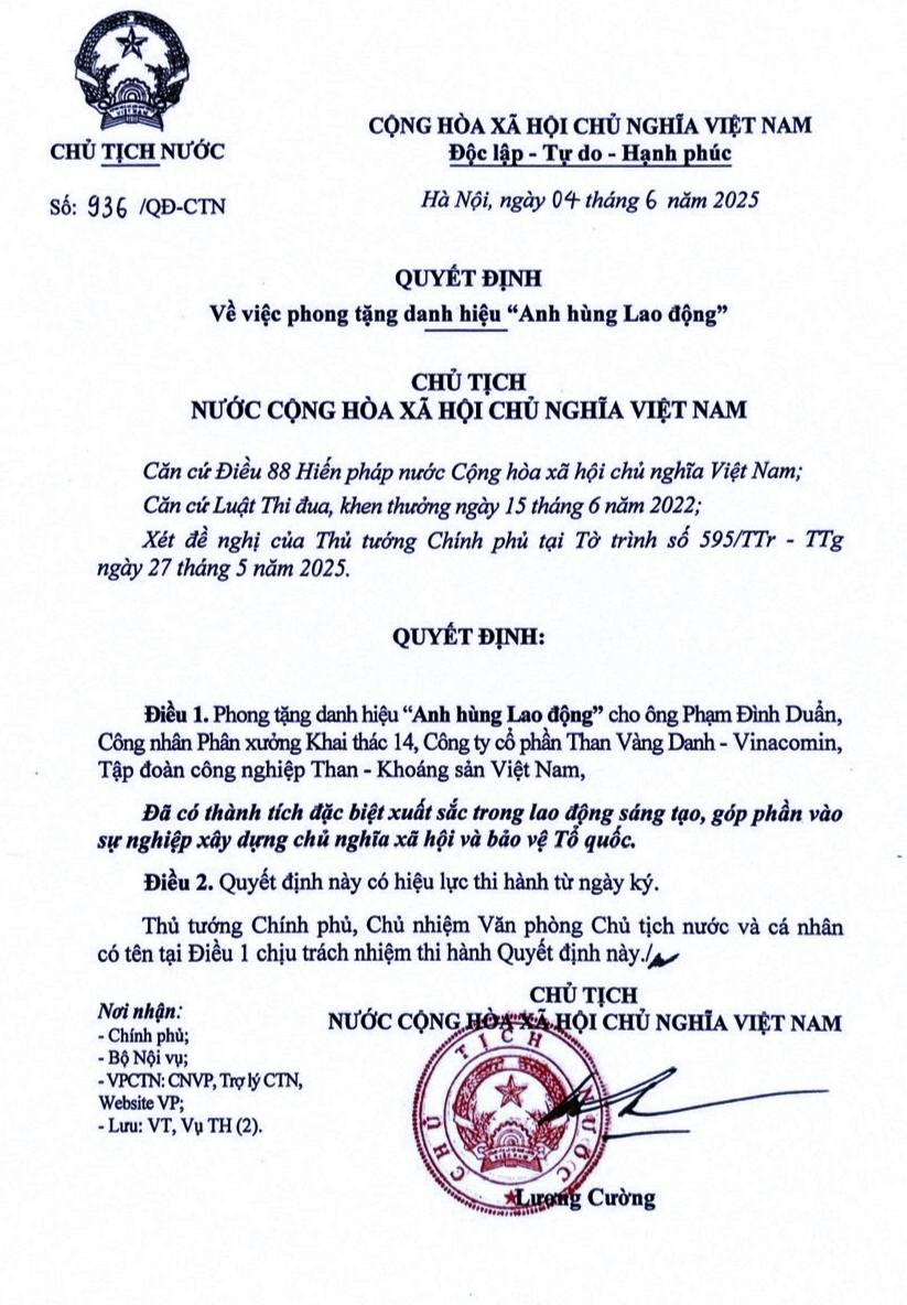 Quyết định phong tặng Anh hùng Lao động của Chủ tịch Nước.