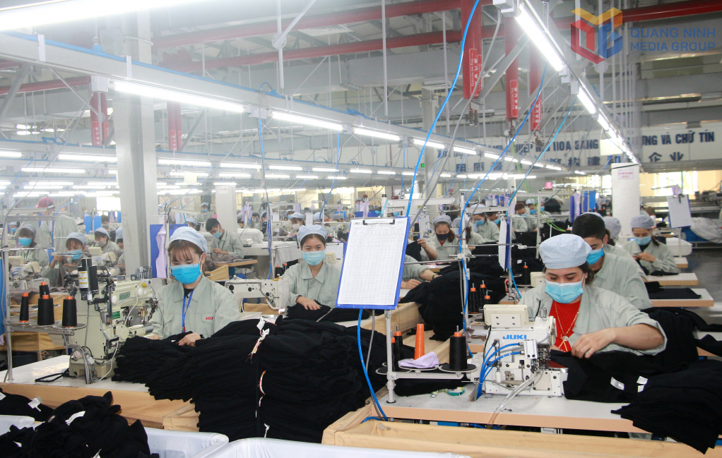 Sản xuất sản phẩm dệt may của Công ty TNHH May mặc Hoa Lợi Đạt tại KCN Cảng biển Hải Hà. Ảnh: Mạnh Trường