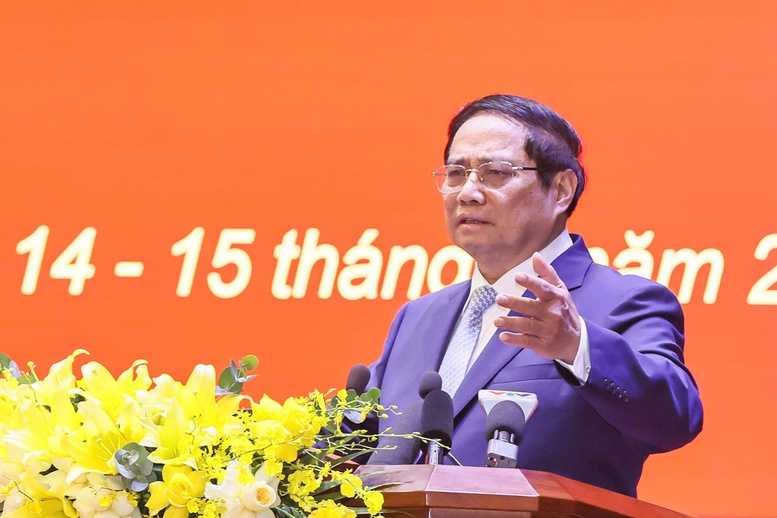 Thủ tướng Chính phủ Phạm Minh Chính phát biểu tại Hội nghị trực tuyến tập huấn toàn quốc về hoạt động các đoàn thể chính trị ở cấp xã (mới) Ảnh: Chinhphu,vn