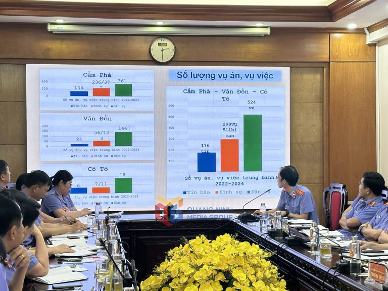 VKSND Cẩm Phả báo cáo tình hình triển khai thực hiện việc sắp xếp, tinh gọn tổ chức, bộ máy tại đơn vị. Ảnh: Đơn vị cung cấp