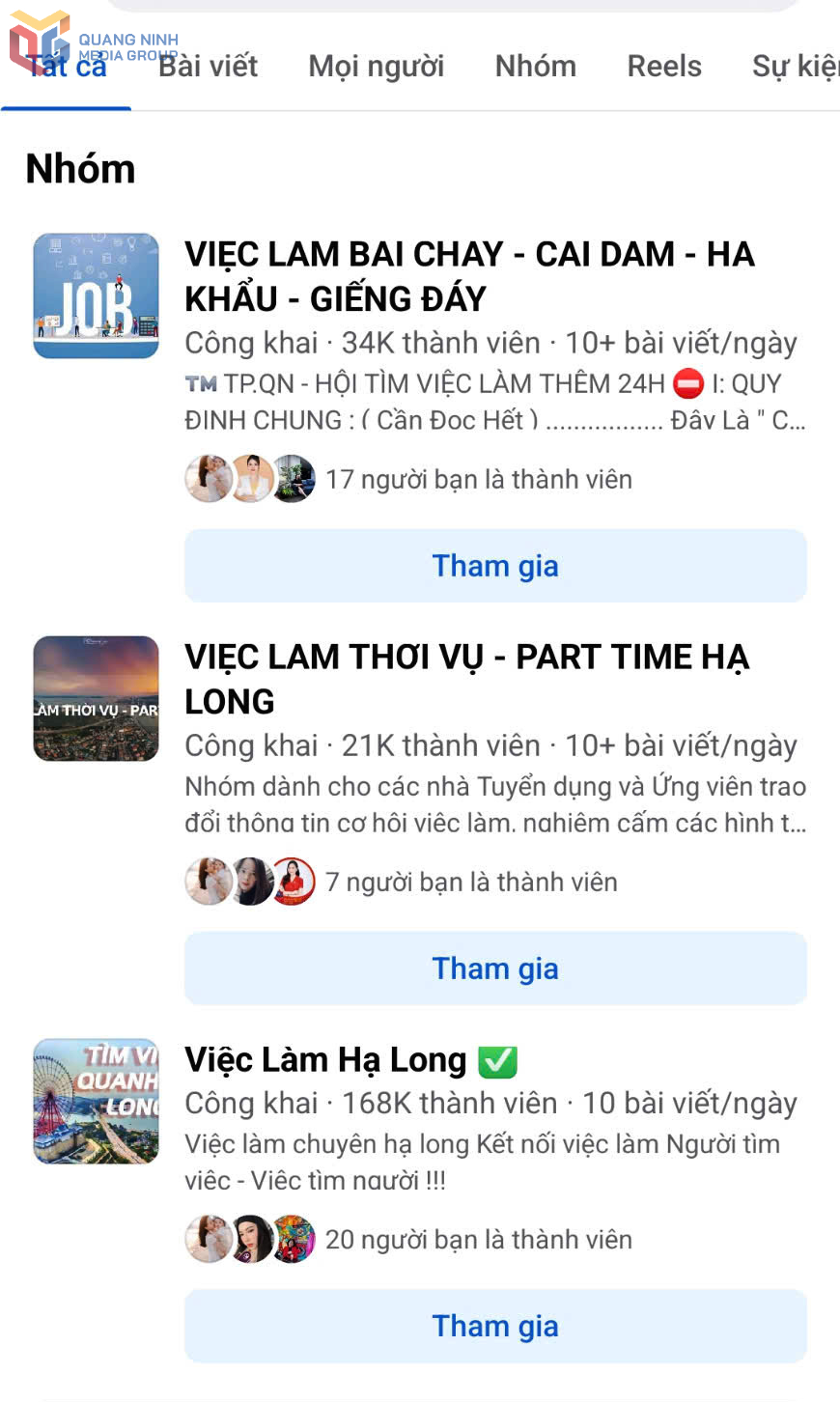 Chỉ với một vài thao tác tìm kiếm trên các trang mạng xã hội rất nhiều các trang tuyển dụng, hội nhóm việc làm xuất hiện để học sinh dễ dàng tìm việc làm.