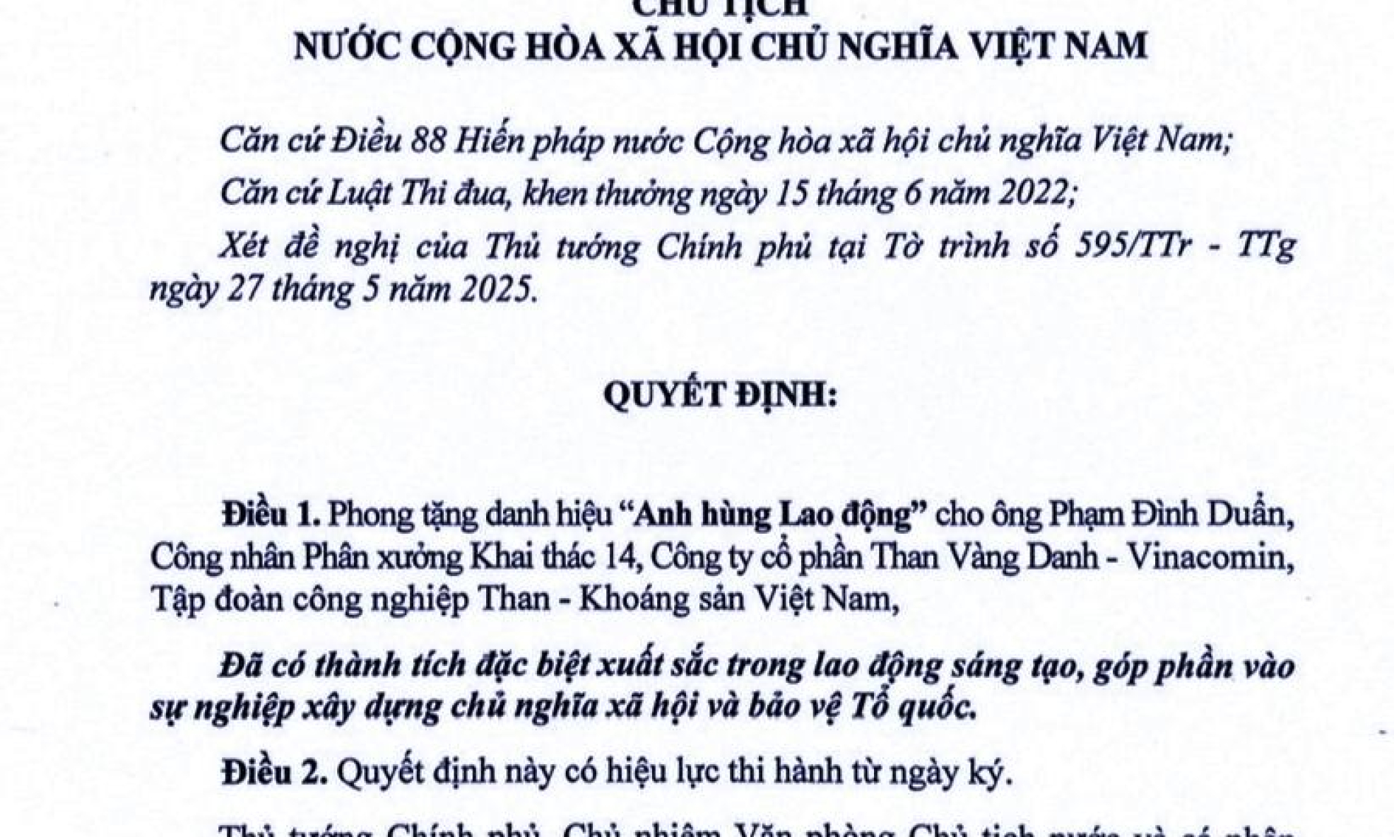 Quảng Ninh có thêm 1 cá nhân được phong tặng Anh hùng Lao động