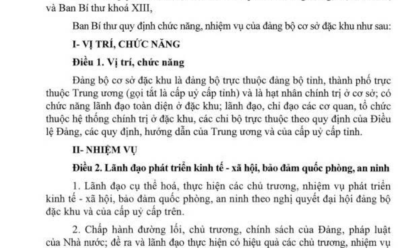 Chức năng, nhiệm vụ của đảng bộ cơ sở đặc khu
