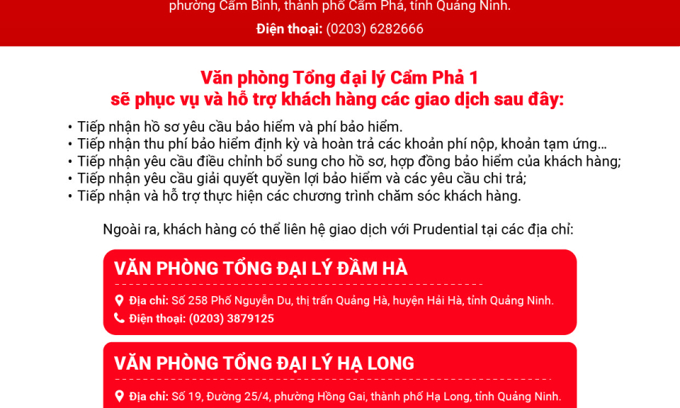 Công ty TNHH Bảo hiểm nhân thọ Prudential Việt Nam trân trọng thông báo: Văn phòng Tổng đại lý Cẩm Phả 1 chính thức hoạt động từ ngày 02/06/2025