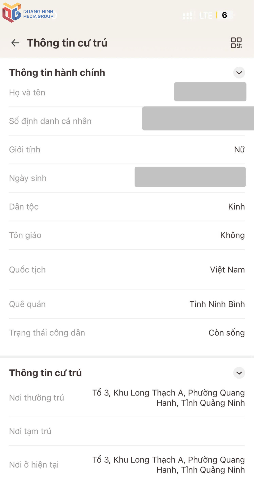 Thông tin về cư trú đã được cập nhật theo đơn vị hành chính mới. 
