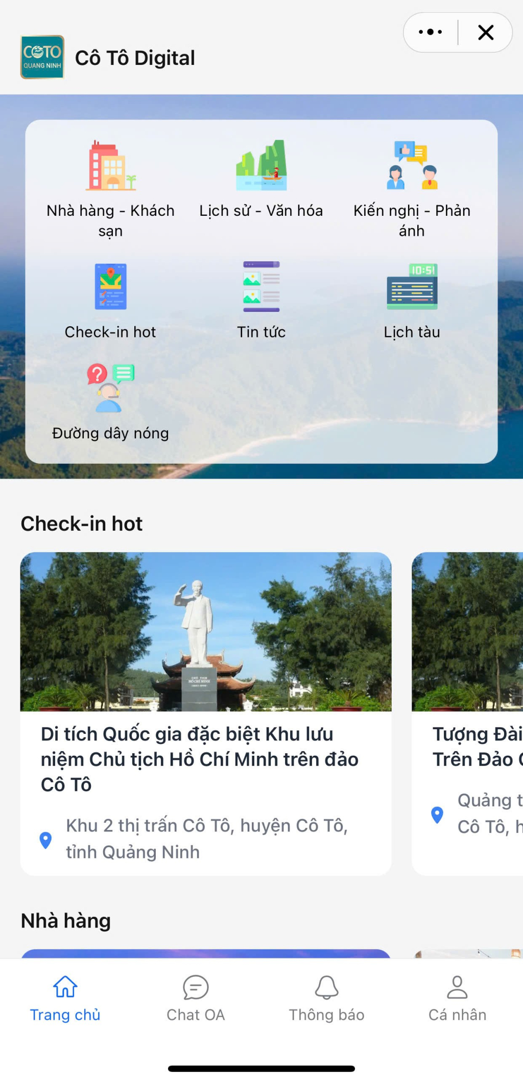 Giao diện đơn giản, dễ dàng tương tác của ứng dụng “Cô Tô Digital” trên Zalo. 