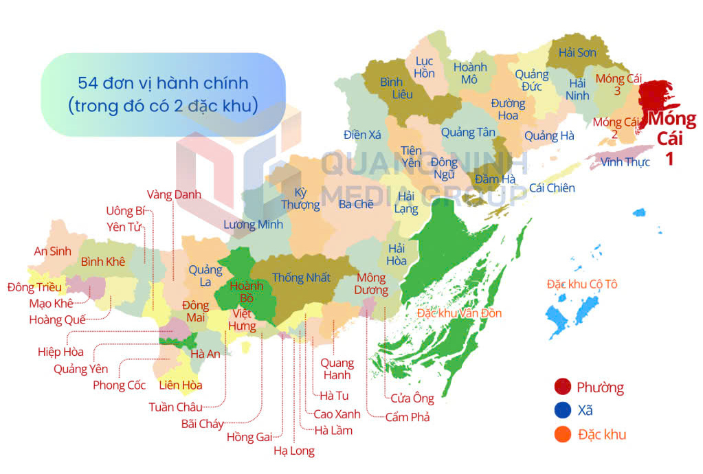 54 đơn vị xã, phường, đặc khu trên địa bàn tỉnh Quảng Ninh.