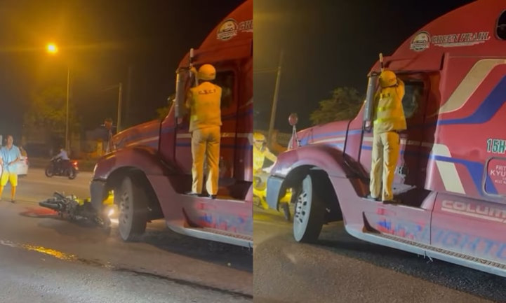 Chạy vào đường cấm, tài xế xe đầu kéo chống lệnh kiểm tra, tông đổ xe CSGT
