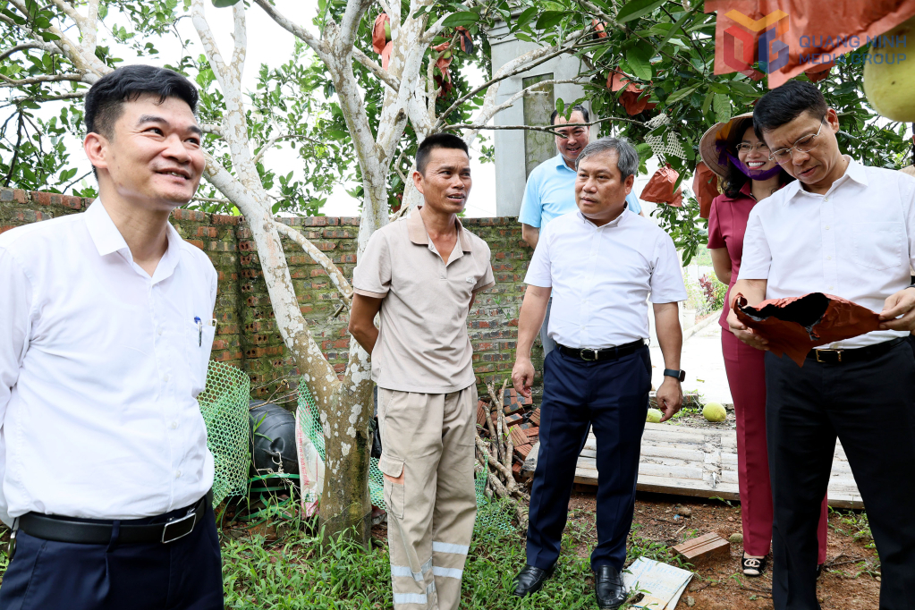 Đồng chí Bí thư Tỉnh ủy kiểm tra mô hình trồng cây bưởi của hộ gia đình anh Trần Bá Cường tại xã Đầm Hà.
