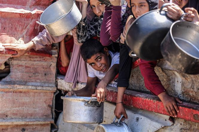 Người dân Palestines chờ được phát thực phẩm cứu trợ tại Gaza. Ảnh: THX/TTXVN