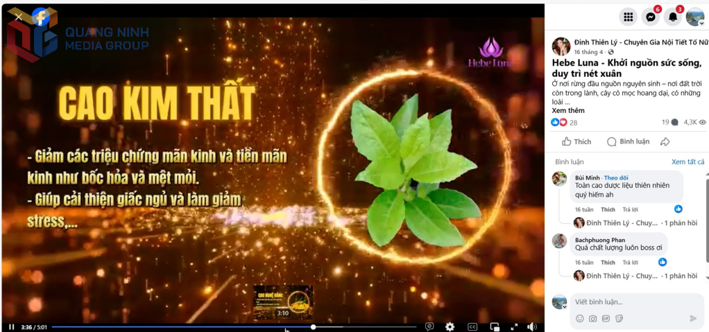 Một quảng cáo về công dụng của sản phẩm thực phẩm chức năng Hebe Luna trên page “Đinh Thiên Lý - Chuyên Gia Nội Tiết Tố Nữ”. 