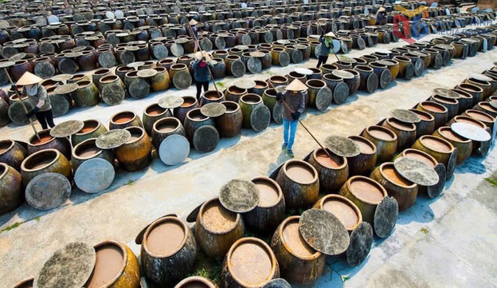 Công nhân Công ty CP Thuỷ sản Cái Rồng thực hiện các công đoạn ủ, chượp mắm trong chum, bể ngoài trời.