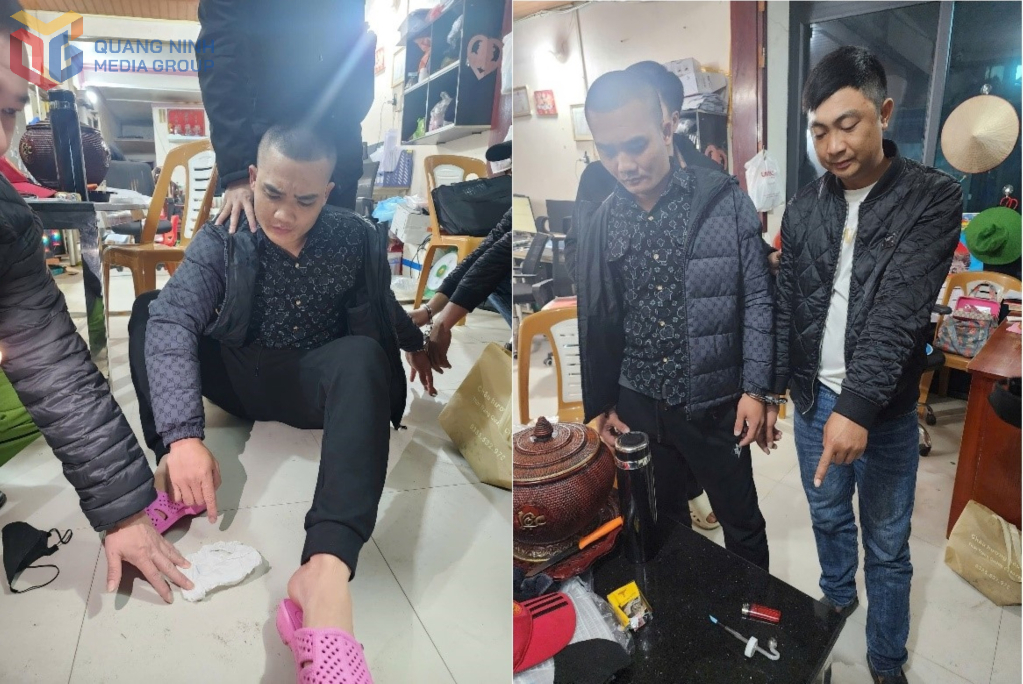 Đối tượng Nguyễn Văn Phong và Bùi Đình Lục cùng vật chứng khi bị bắt.