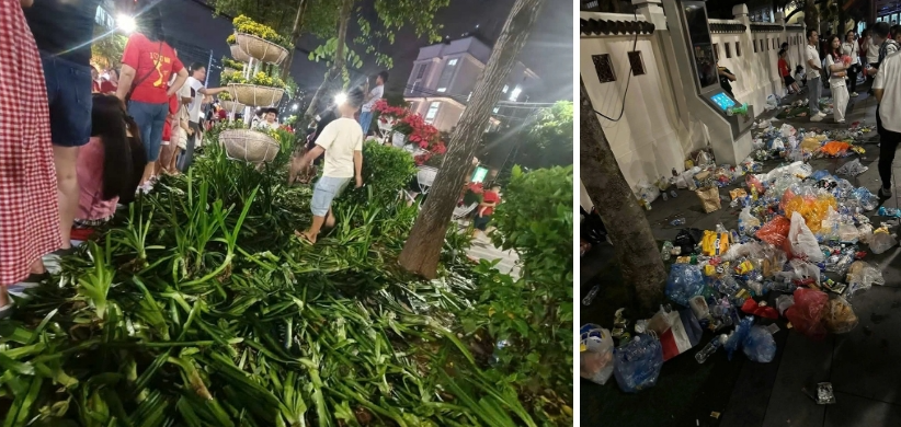 Cây cối bị người dân giẫm nát, rác thải tràn ngập phố - Ảnh: MXH
