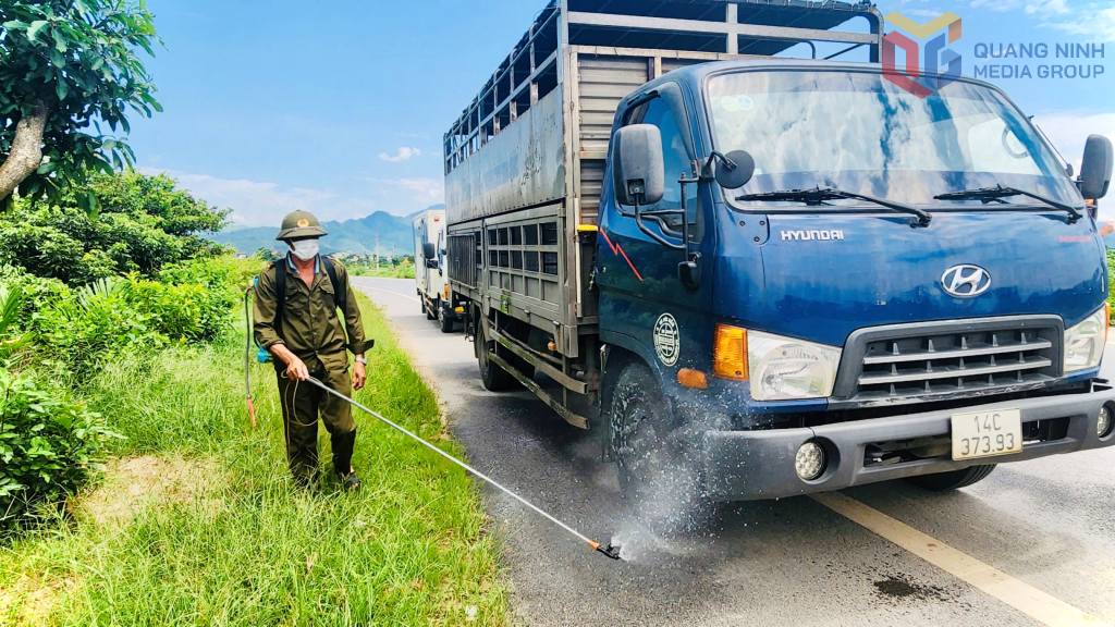 Chốt kiểm soát dịch tả lợn Châu phi của phường Bình Khê thực hiện công tác phun khử khuẩn cho các phương tiện qua lại.