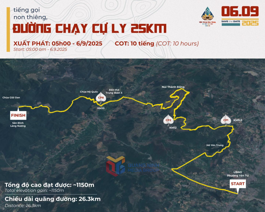 Cự ly 25km xuất phát tại cổng Ủy ban Nhân dân phường Yên Tử, vào Yên Trung, lên đỉnh Thành Đẳng, đường 326 Thượng Yên Công và về đích tại cổng khai tâm, khu tich tích Yên Tử