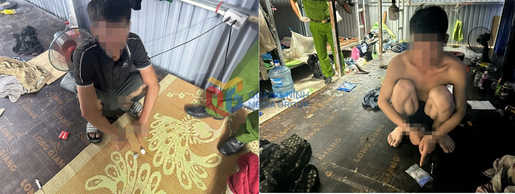 Đối tượng L.V.N (trái) và đối tượng T.A.K (phải) cùng các tang vật phát hiện, thu giữ được.