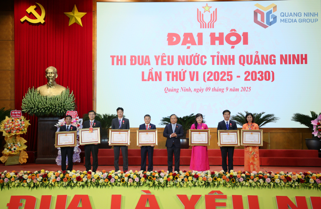 Thừa ủy quyền của Chủ tịch nước, đồng chí Vũ Đại Thắng, Uỷ viên Ban Chấp hành Trung ương Đảng, Bí thư Tỉnh uỷ, Trưởng Đoàn ĐBQH tỉnh trao Huân chương Lao động hạng Ba cho 7 cá nhân. Ảnh: Minh Hà