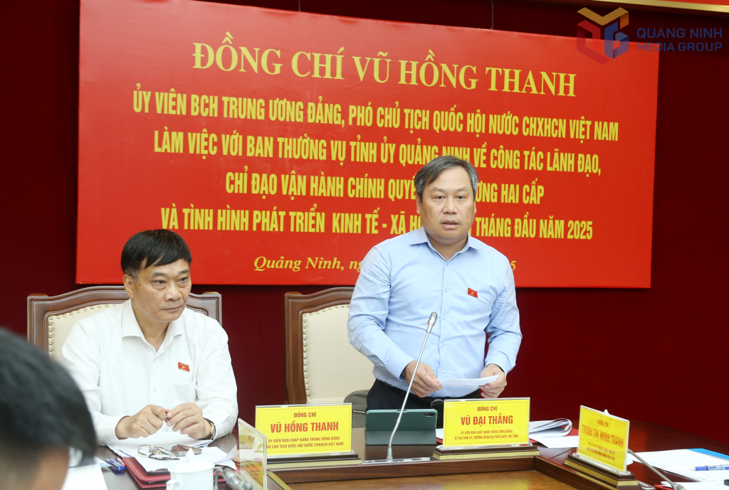 Đồng chí Vũ Đại Thắng, Ủy viên Trung ương Đảng, Bí thư Tỉnh ủy, Trưởng đoàn ĐBQH tỉnh, phát biểu tại buổi làm việc.