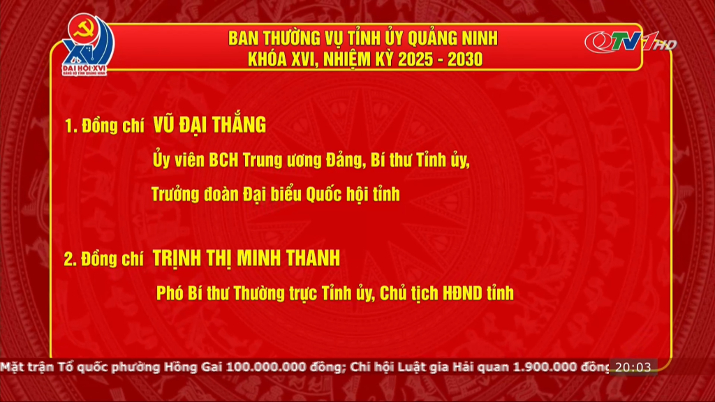 Danh sách Ban Thường vụ Tỉnh ủy Quảng Ninh nhiệm kỳ 2025-2030