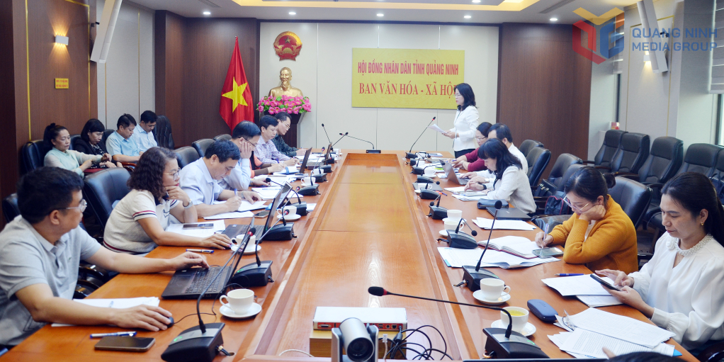 Đồng chí Vũ Thị Diệu Linh, Trưởng Đoàn Giám sát, Trưởng Ban Văn hóa - Xã hội, HĐND tỉnh phát biểu tại buổi làm việc.