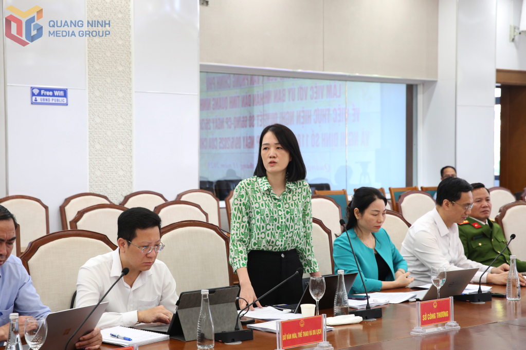 Đại diện các sở, ngành phát biểu ý kiến tại buổi làm việc.