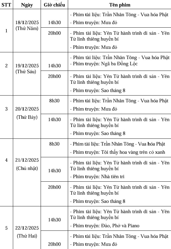 Lịch chiếu phim tại Tuần phim Di sản.