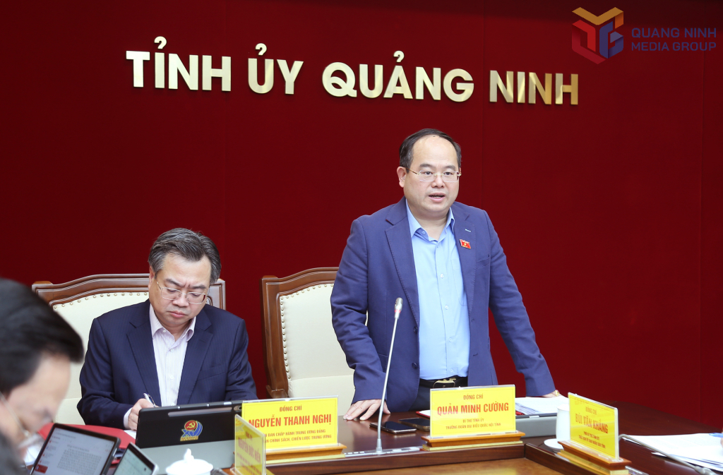 Đồng chí Quản Minh Cường, Bí thư Tỉnh ủy, Trưởng Đoàn ĐBQH tỉnh phát biểu tại hội nghị.