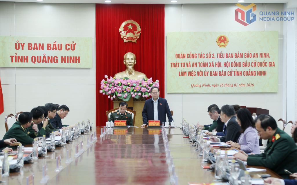 Đồng chí Quản Minh Cường, Bí thư Tỉnh ủy, Trưởng Đoàn ĐBQH tỉnh, Chủ tịch Ủy ban Bầu cử tỉnh, phát biểu tại buổi làm việc.