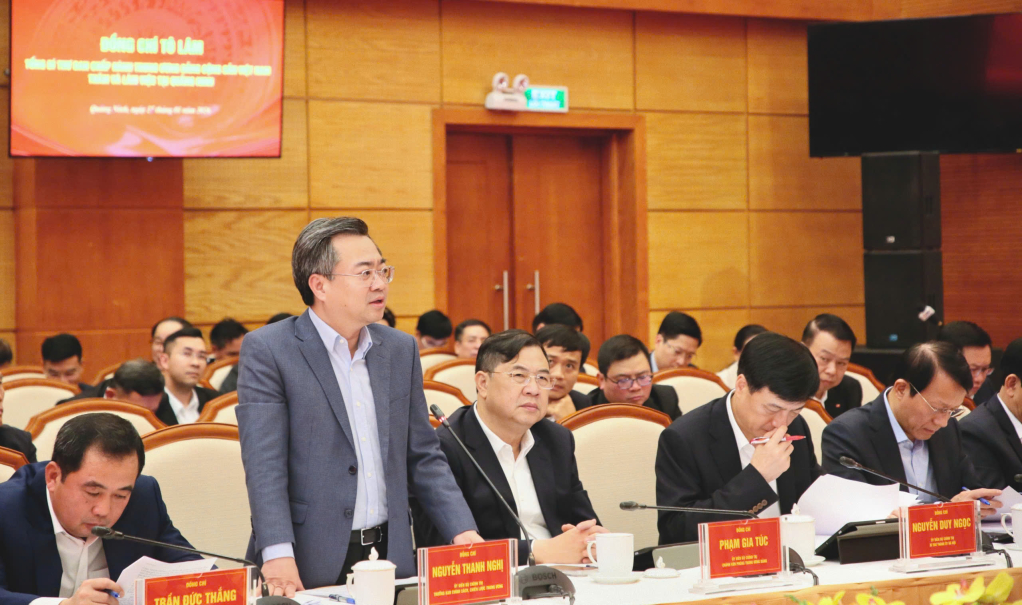  Đồng chí Nguyễn Thanh Nghị, Ủy viên Bộ Chính trị, Trưởng Ban Chính sách và Chiến lược Trung ương, phát biểu tại cuộc làm việc.