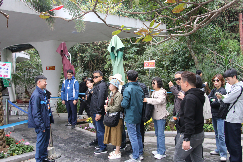 Nhân viên Đội Sửng Sốt - Mê Cung kiểm soát vé, hướng dẫn du khách lên điểm tham quan.