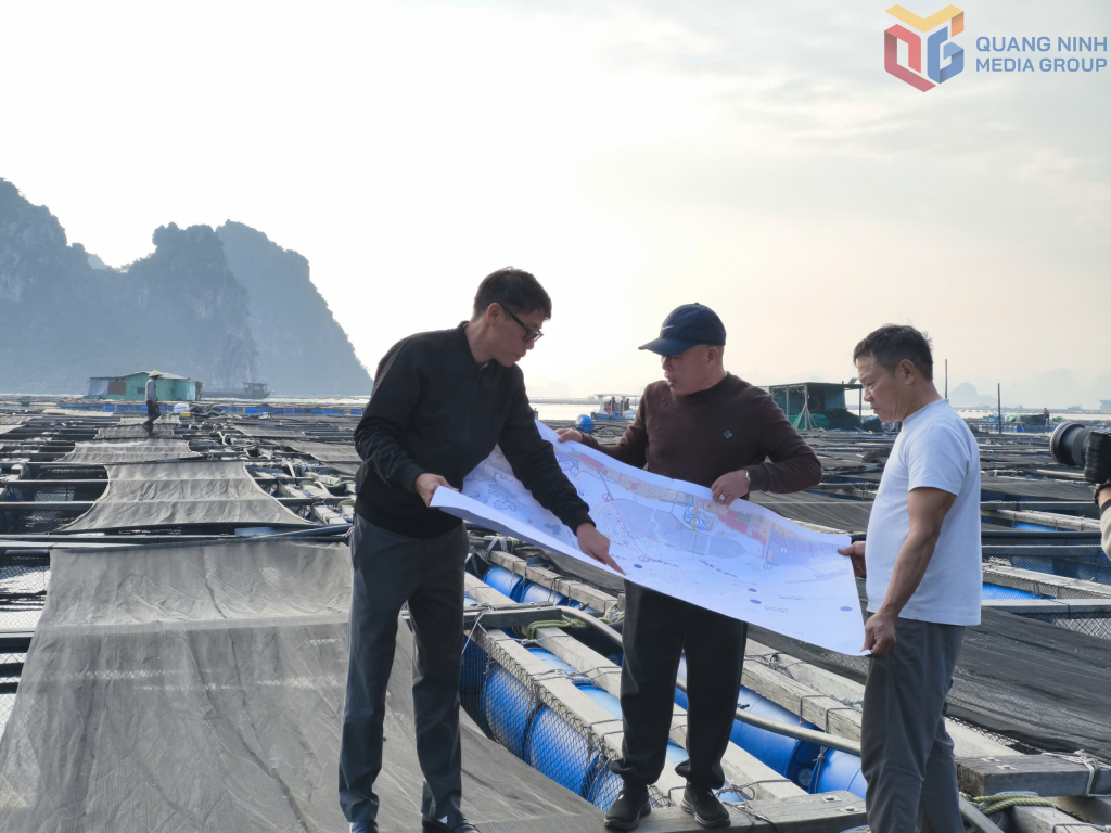 Cán bộ phường Cẩm Phả trao đổi với xã viên HTX Hướng Dương về khu vực giao biển của HTX.