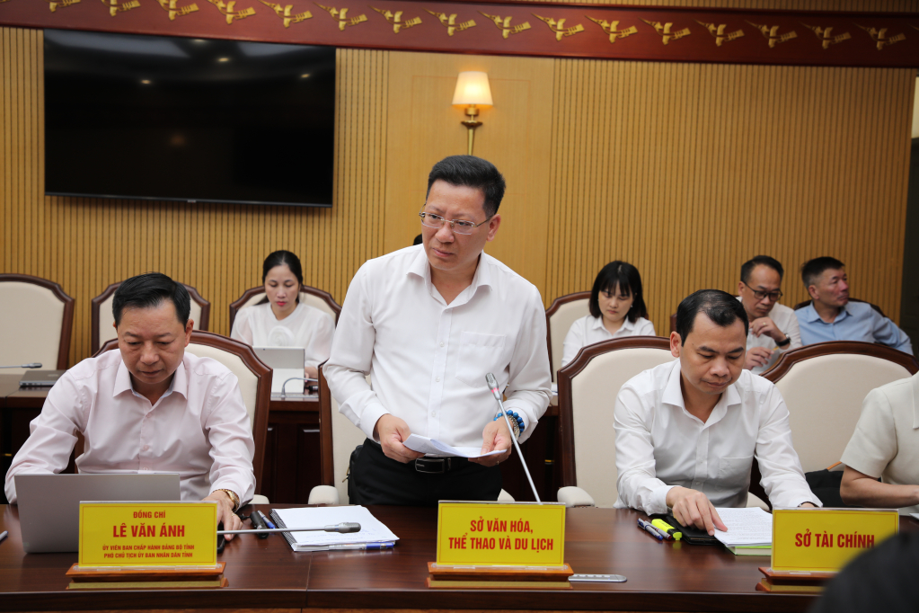 Đồng chí Nguyễn Việt Dũng, Giám đốc Sở Văn hóa, Thể thao và Du lịch tỉnh báo cáo tại hội nghị.