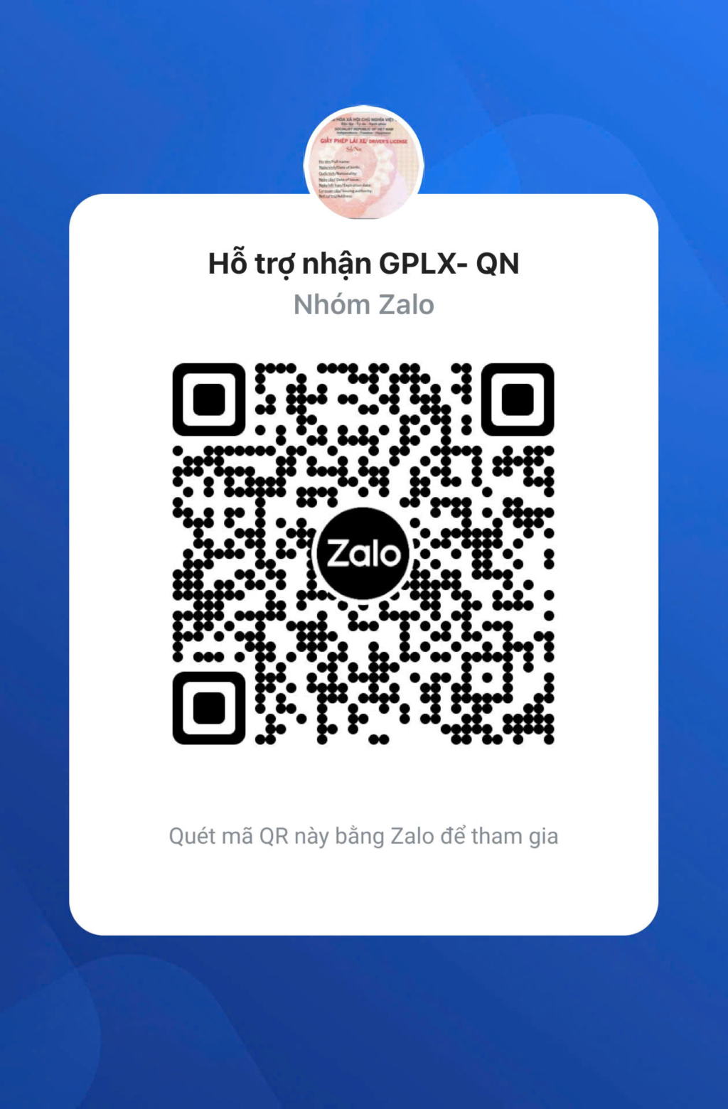 Công dân tham gia trang Zalo “Hỗ trợ nhận GPLX Quảng Ninh” theo mã QR để được hướng dẫn, hỗ trợ nhận GPLX vật lý.