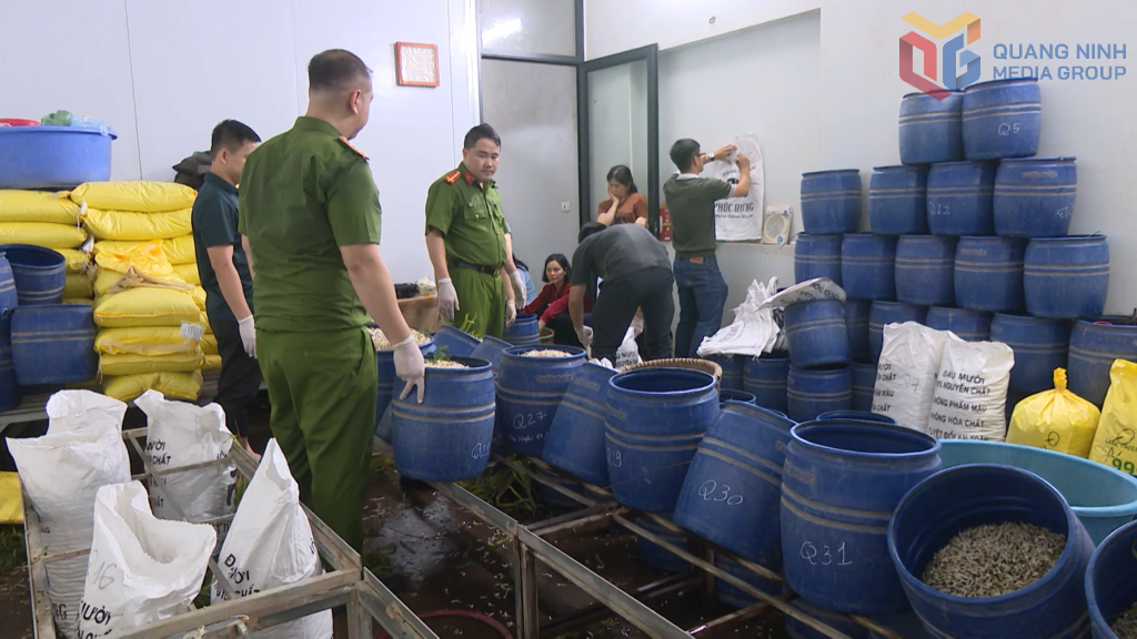 Cơ quan chức năng kiểm tra tại cơ sở sản xuất giá đỗ do đối tượng Phạm Thị Quỳnh, khu Kim Lăng, phường Quảng Yên là chủ. Ảnh Hồng Việt