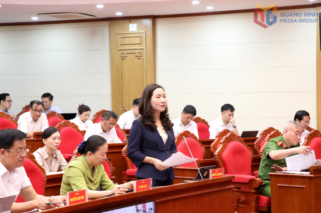 Đồng chí Nguyễn Thị Hạnh, Trưởng Ban Tuyên giáo và Dân vận Tỉnh ủy, phát biểu tại hội nghị.